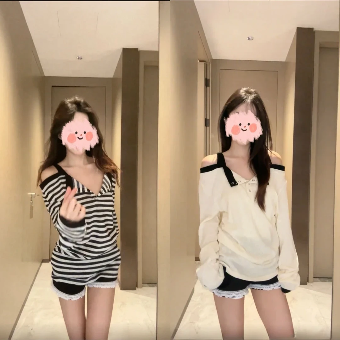 2025春季新小个子夏甜酷辣妹设计感小众条纹长袖T恤+休闲短裤套装