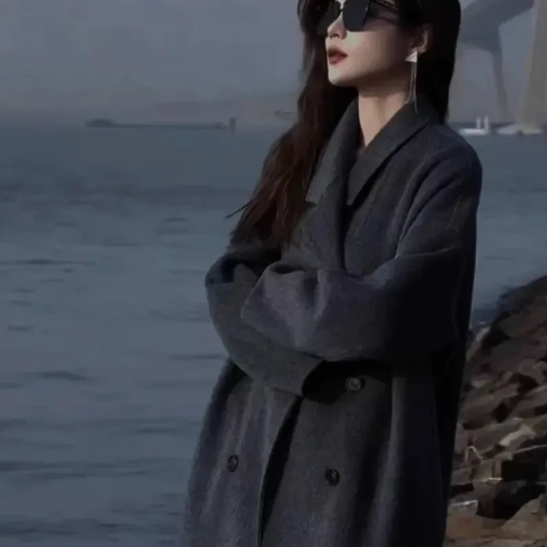 韩版宽松中长款双面毛呢大衣女秋冬新款爆款呢子外套