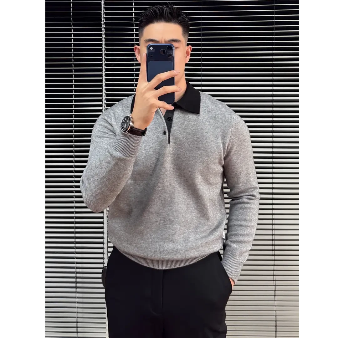 撞色翻领毛衣秋季针织毛衣男士秋冬拼色针织衫长袖衫翻领简约长袖