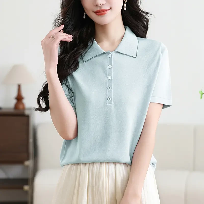 新款冰丝宽松短袖T恤时尚洋气遮肚修身女士夏季百搭显瘦针织衫