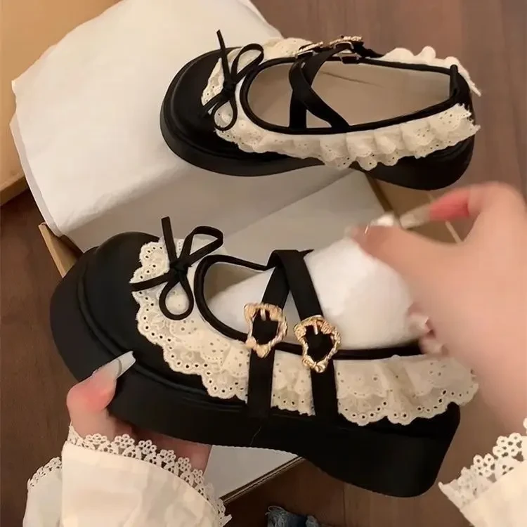 蕾丝玛丽珍单鞋甜美蝴蝶结厚底小皮鞋2025新款春夏可爱百搭英伦风