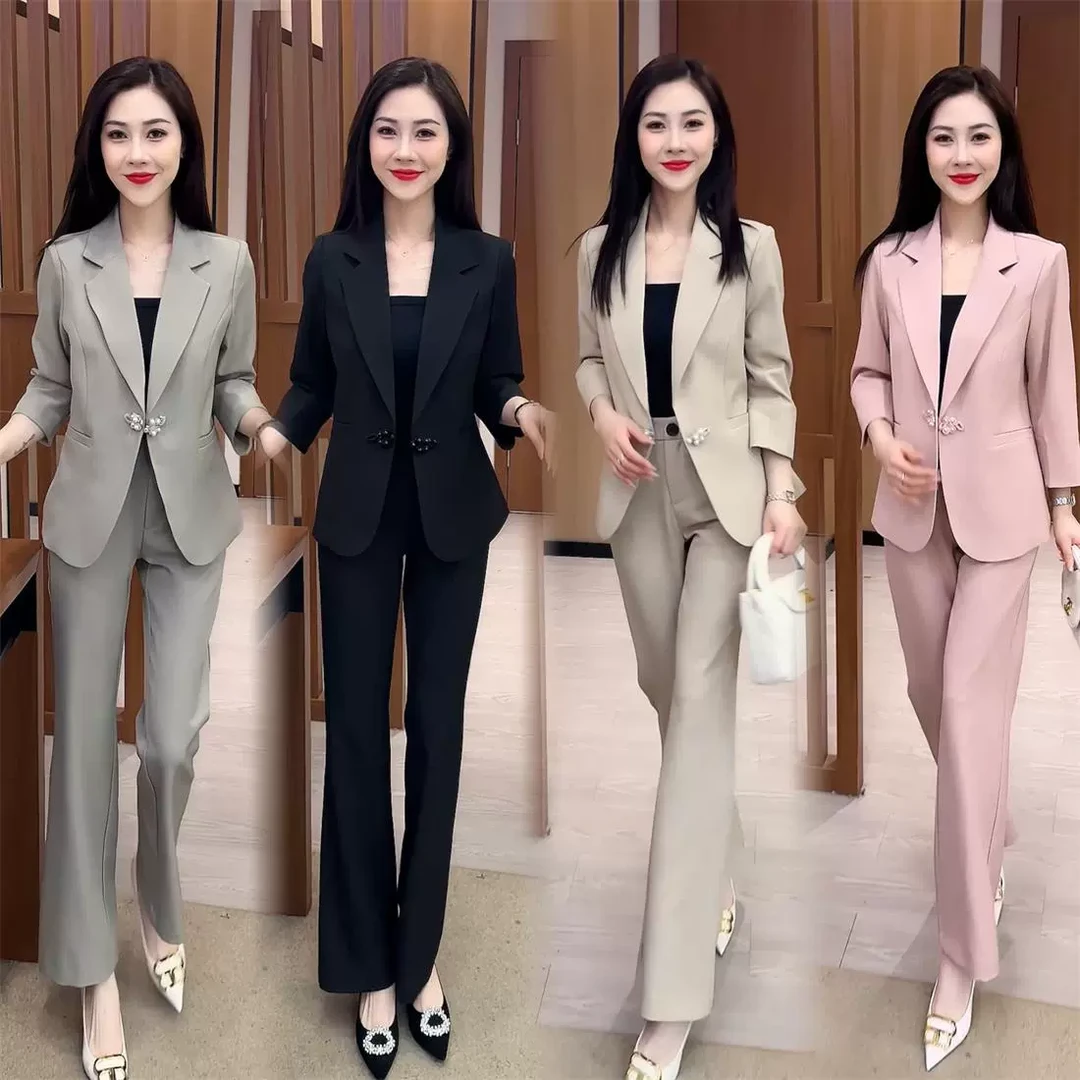 时尚气质休闲春秋新款网红韩版女神范西装套装中年女装纯色小西装