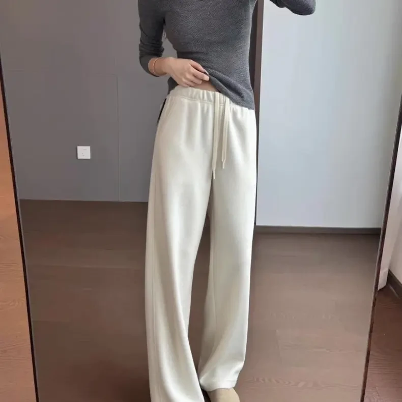 羊毛绒感软糯细腻抽绳高腰羊毛呢直筒休闲裤秋冬拉绒保暖显瘦长裤