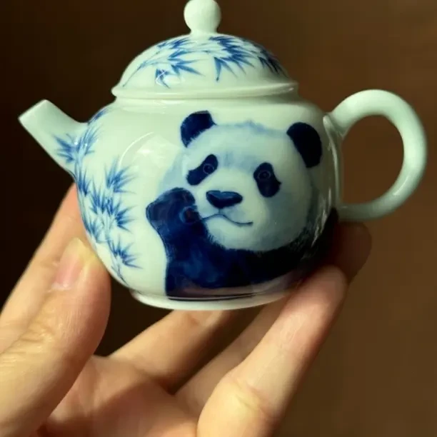 青花可爱大熊猫手绘茶壶容量100毫升泡茶实用茶具