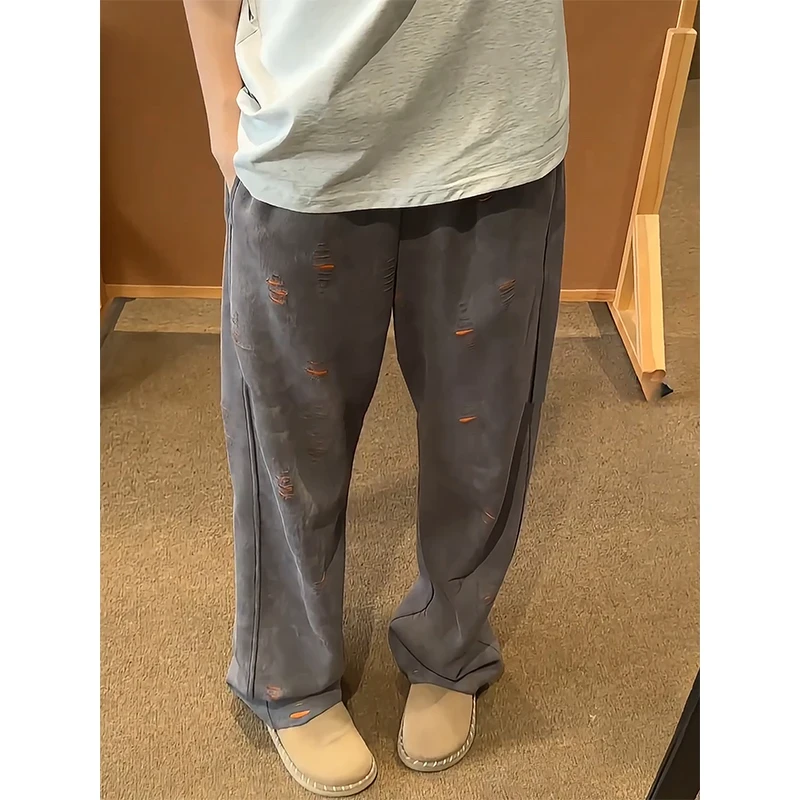 早秋新款男装撞色长裤卫裤时尚直筒裤宽松国潮破坏美式休闲裤裤子