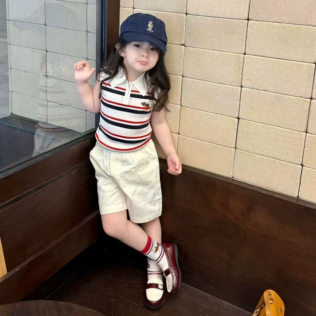 2023女童套装2025新款夏季儿童学院风条纹Polo领针织背心上衣休闲