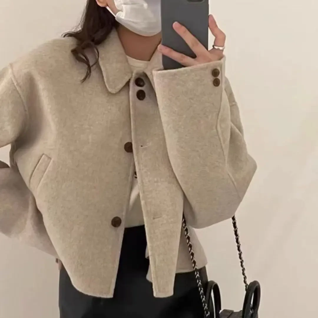 简约百搭韩系风格秋冬短款翻领双面毛呢外套