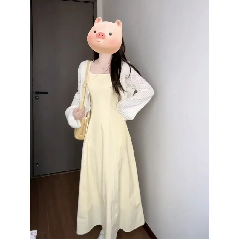 2025春季新款女法式气质薄款百搭长袖开衫方领收腰显瘦吊带连衣裙