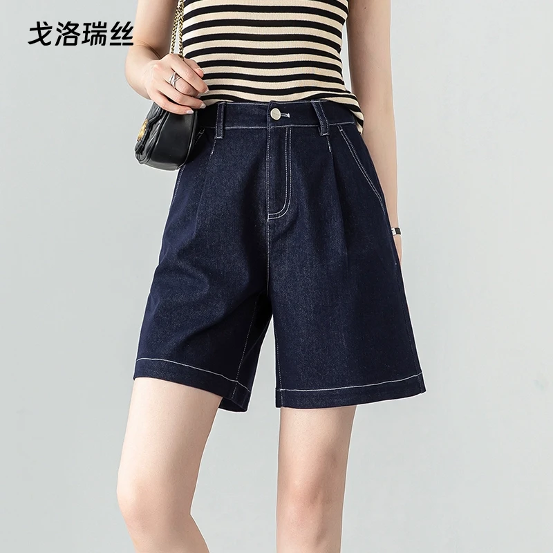 戈洛瑞丝高腰a字深蓝色天丝牛仔短裤女2025夏季新款复古五分裤子