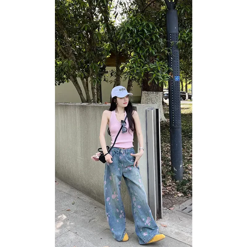 甜美粉色背心上衣夏日辣妹气质性感小衫百搭显瘦印花小众直筒长裤