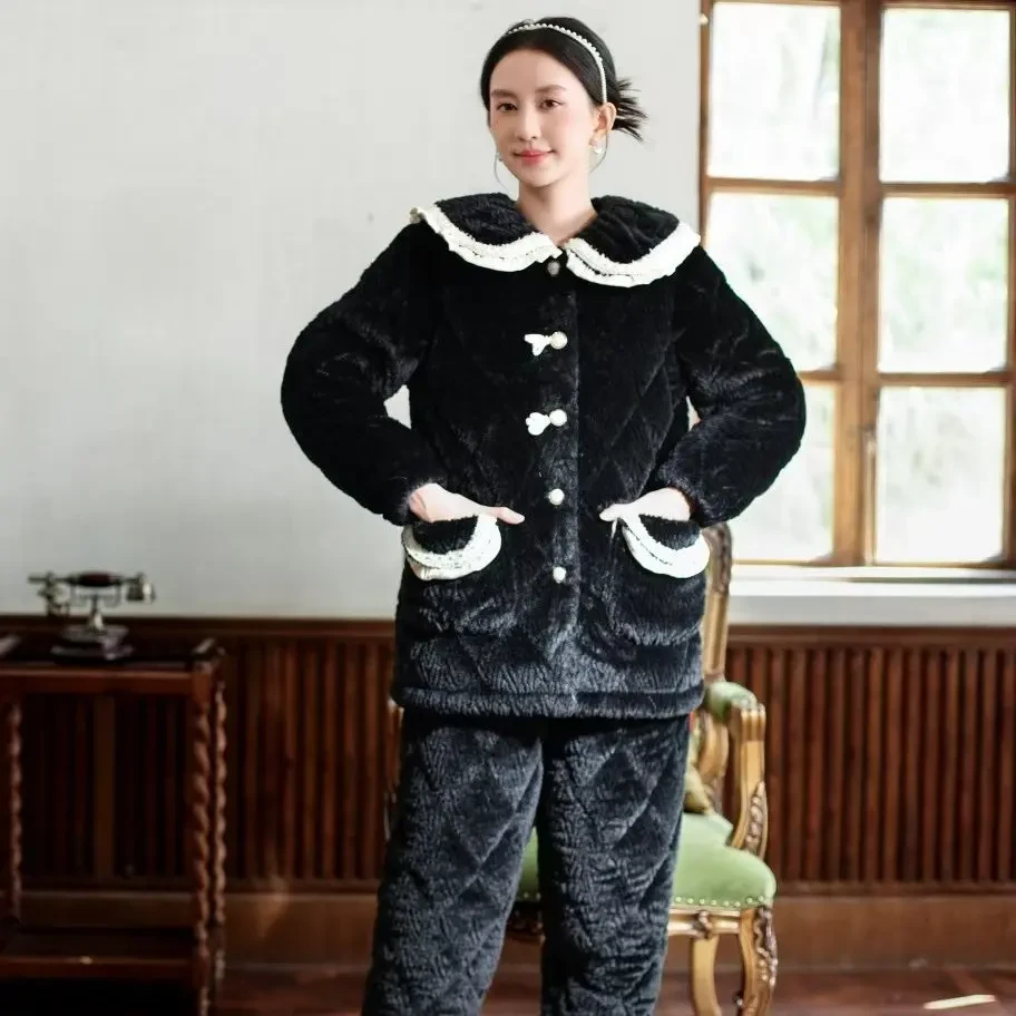 女士冬季三层夹棉加厚加绒保暖睡衣家居服套装