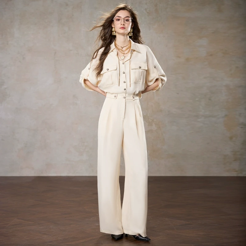 【诗语专属】AUI杏色时尚工装连体裤收腰阔腿连衣长裤-25W079331