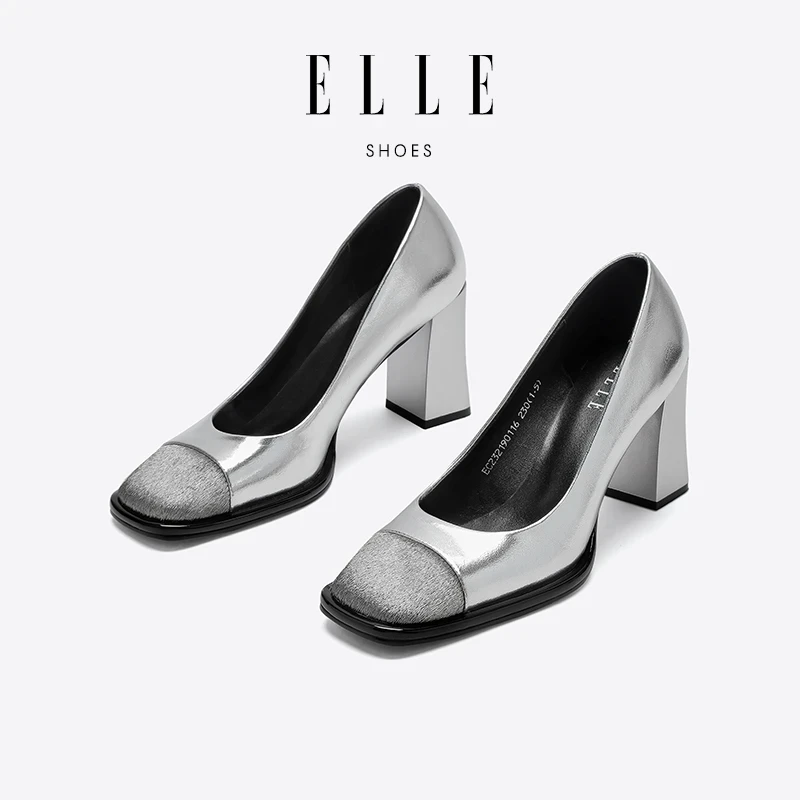 ELLE黑色高跟鞋女鞋2025新款春季粗跟超软鞋子羊皮方头小香风单鞋