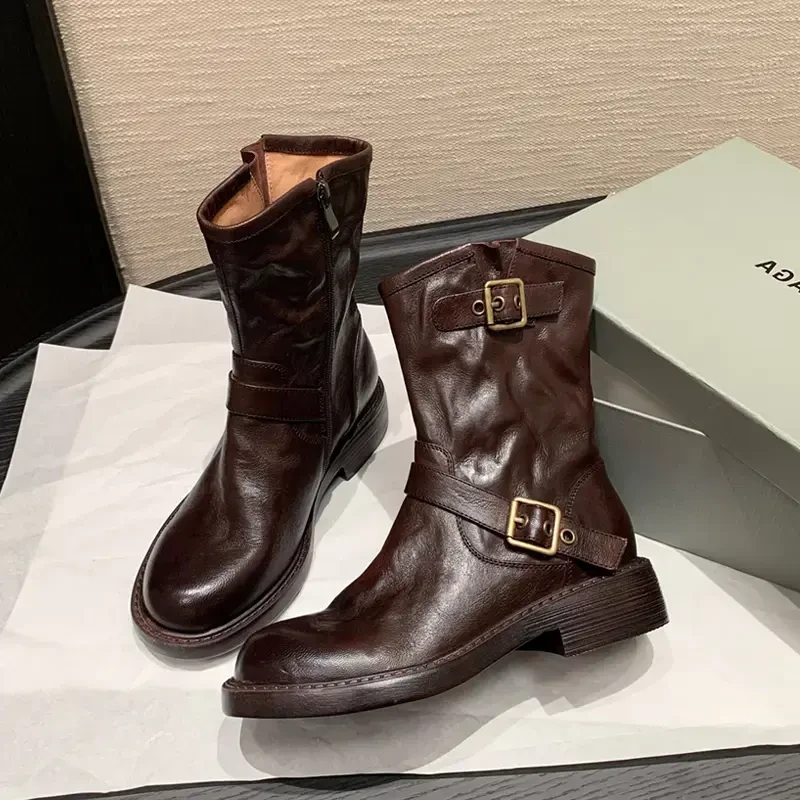 高端羊皮圆头短靴女复古美拉德机车靴洋气西部靴百搭英伦风马丁靴