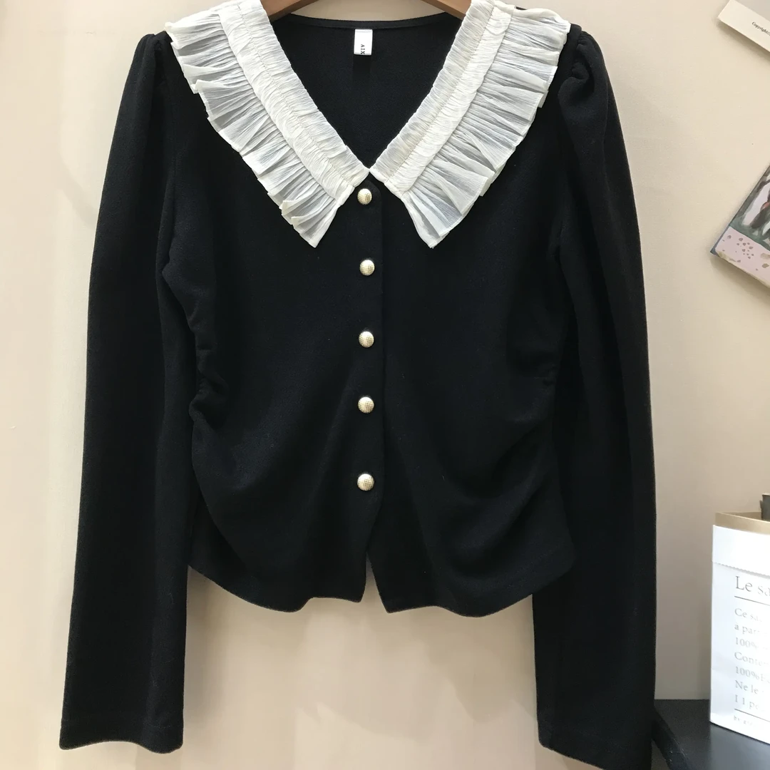 通勤风衬衫毛针织衫修身型拼接上衣开衫短款秋季百搭常规款