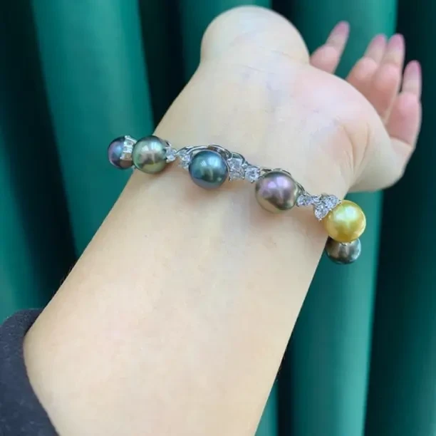 9-10mm天然海水大溪地+南洋金珠珍珠手链 近正圆 混彩极强光