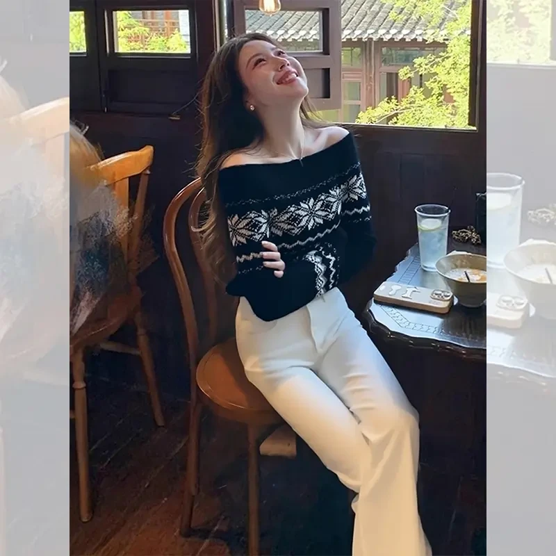 独特漂亮一字肩提花小衫内搭打底露肩针织衫洋气高贵上衣女装秋冬