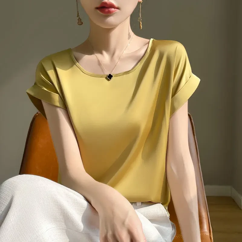【100%桑蚕丝】2025T恤夏季新款圆领上衣宽松气质打底纯色百搭