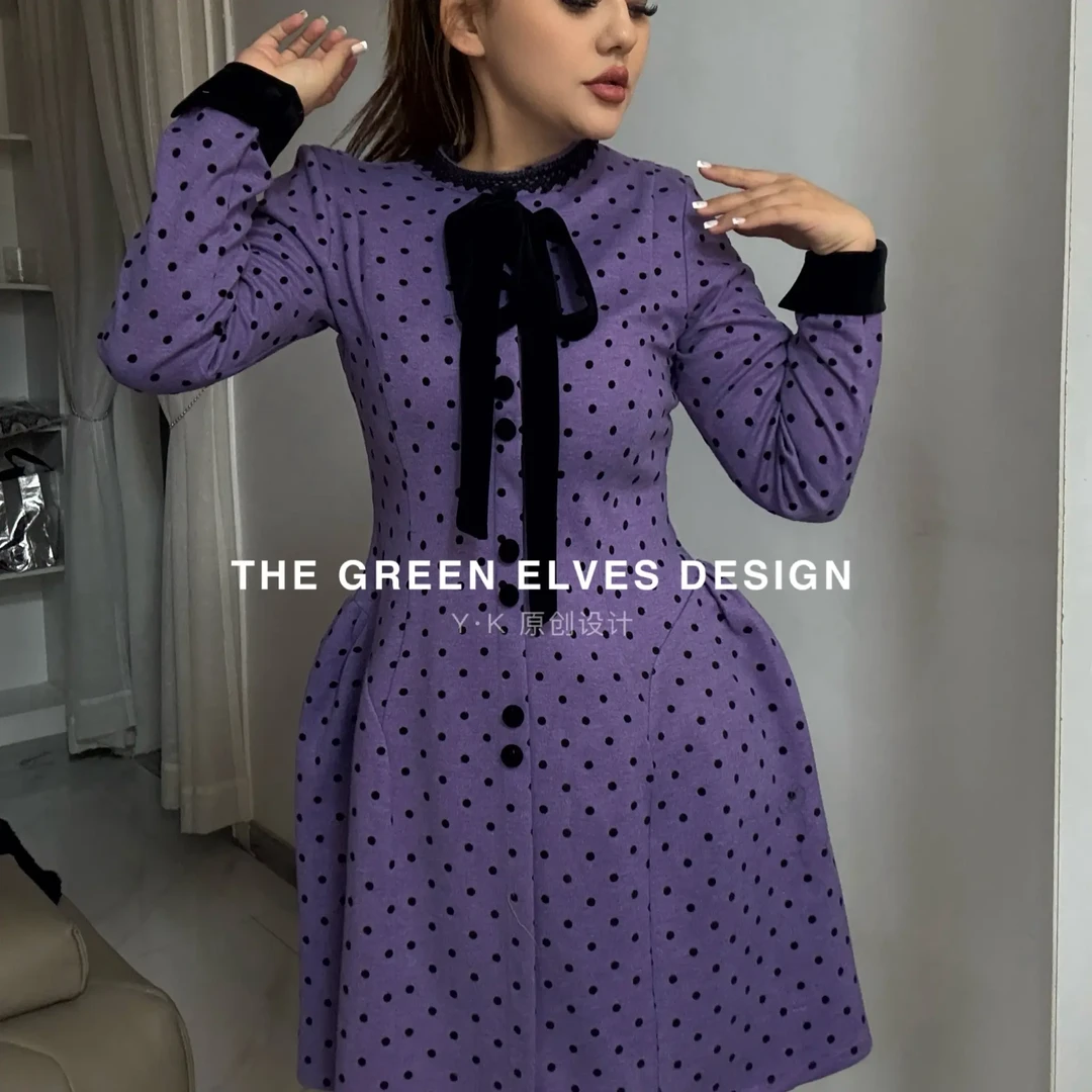 高端私人定制秋冬款法式波点收腰连衣裙