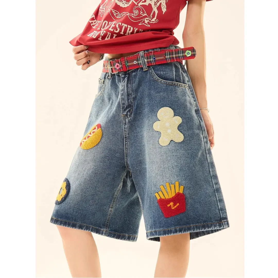 oversize美式复古「汉堡薯条毛巾绣」牛仔短裤男女情侣夏季五分裤子