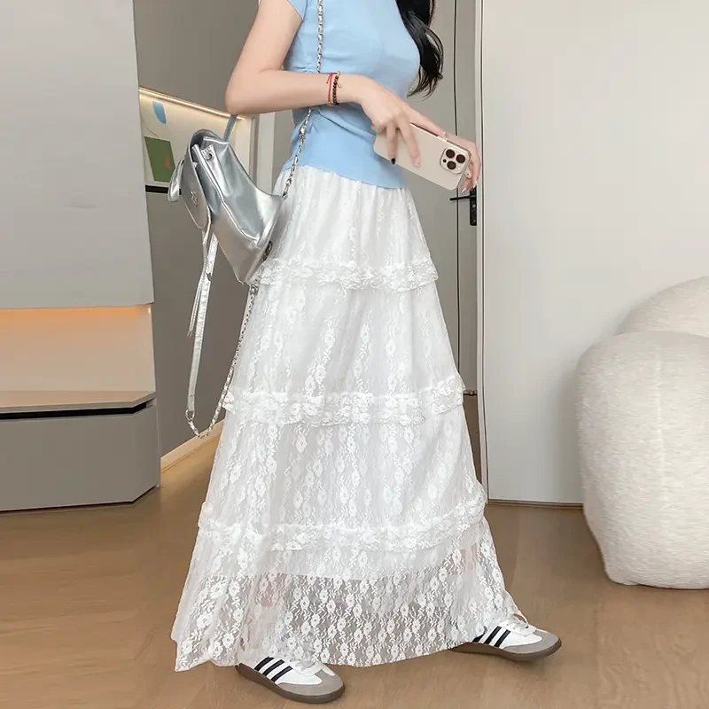 白色蕾丝半身裙不透2025新款春夏女垂感a字长裙子小个子蛋糕裙夏