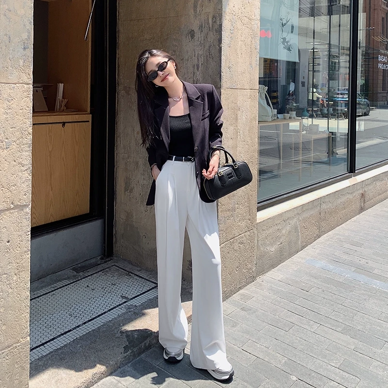 林关关 白色裤子休闲裤女春秋高腰垂感阔腿裤32128