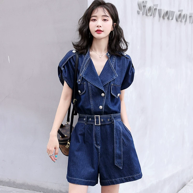 牛仔连体裤女夏季薄款2024年新款设计感小众收腰显瘦阔腿连衣短裤