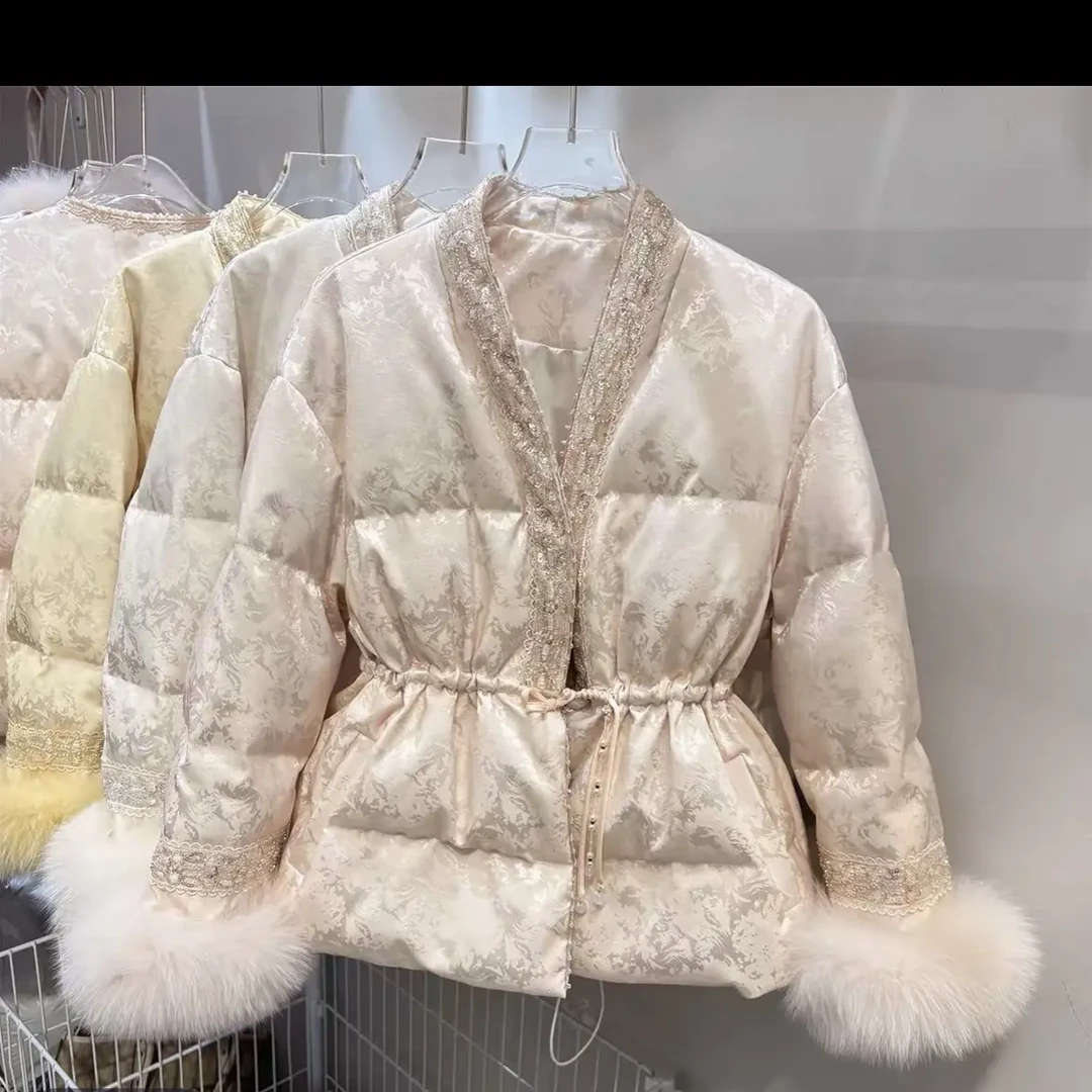 冬季新中式V领提花收腰显瘦加厚保暖棉服外套女士国风气质