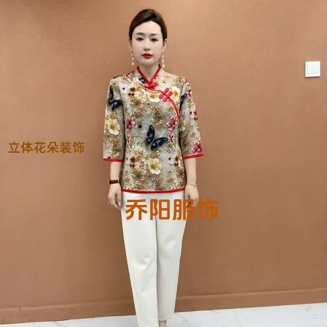 中袖印染斜襟薄款七分袖上衣气质时尚洋气ins复古