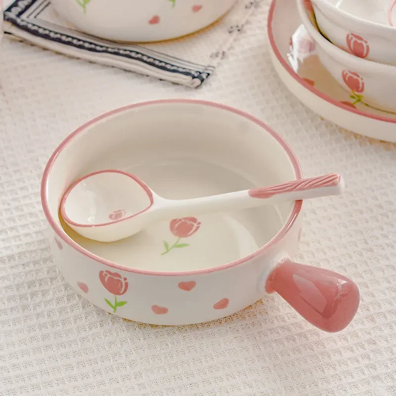 【郁金香】手柄碗+勺二件套陶瓷勺家用创意面碗甜品勺A156碗盘