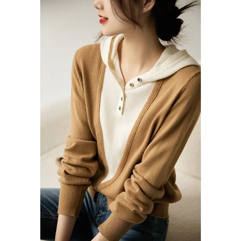 假两件连帽针织衫女士2025春季新款欧货高档宽松带帽打底毛衣上衣