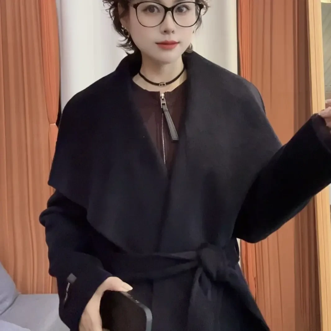 大翻领气质修身长款秋冬双面呢大衣