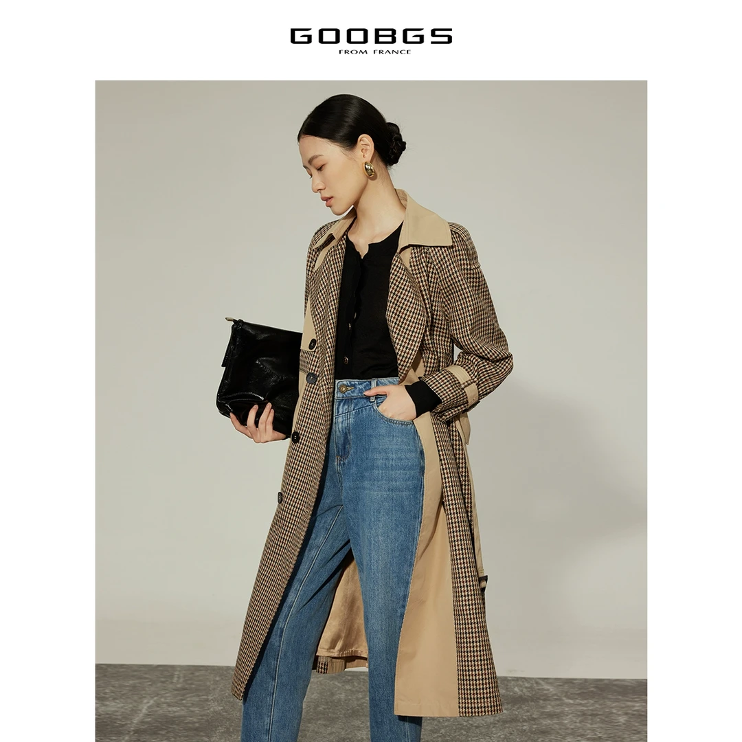 【谷邦L+】翻领拼接格纹长款风衣 G2351775