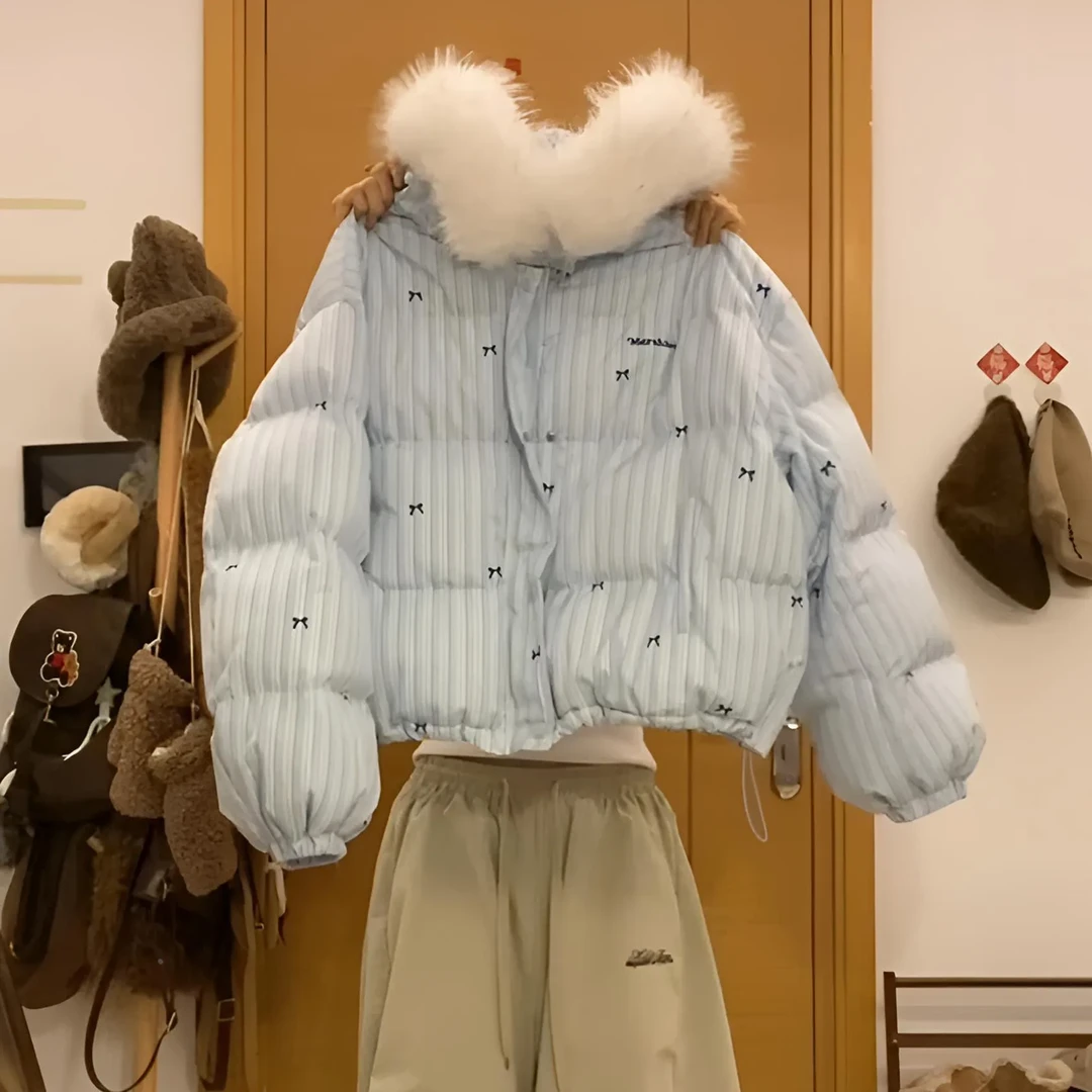 韩系蓝色毛领连帽羽绒棉服女2024年新款冬季保暖条纹短款棉衣棉袄