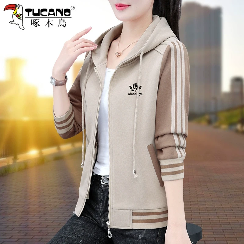 啄木鸟拉链卫衣外套女春秋款2025年新款时尚洋气连帽早春运动上衣