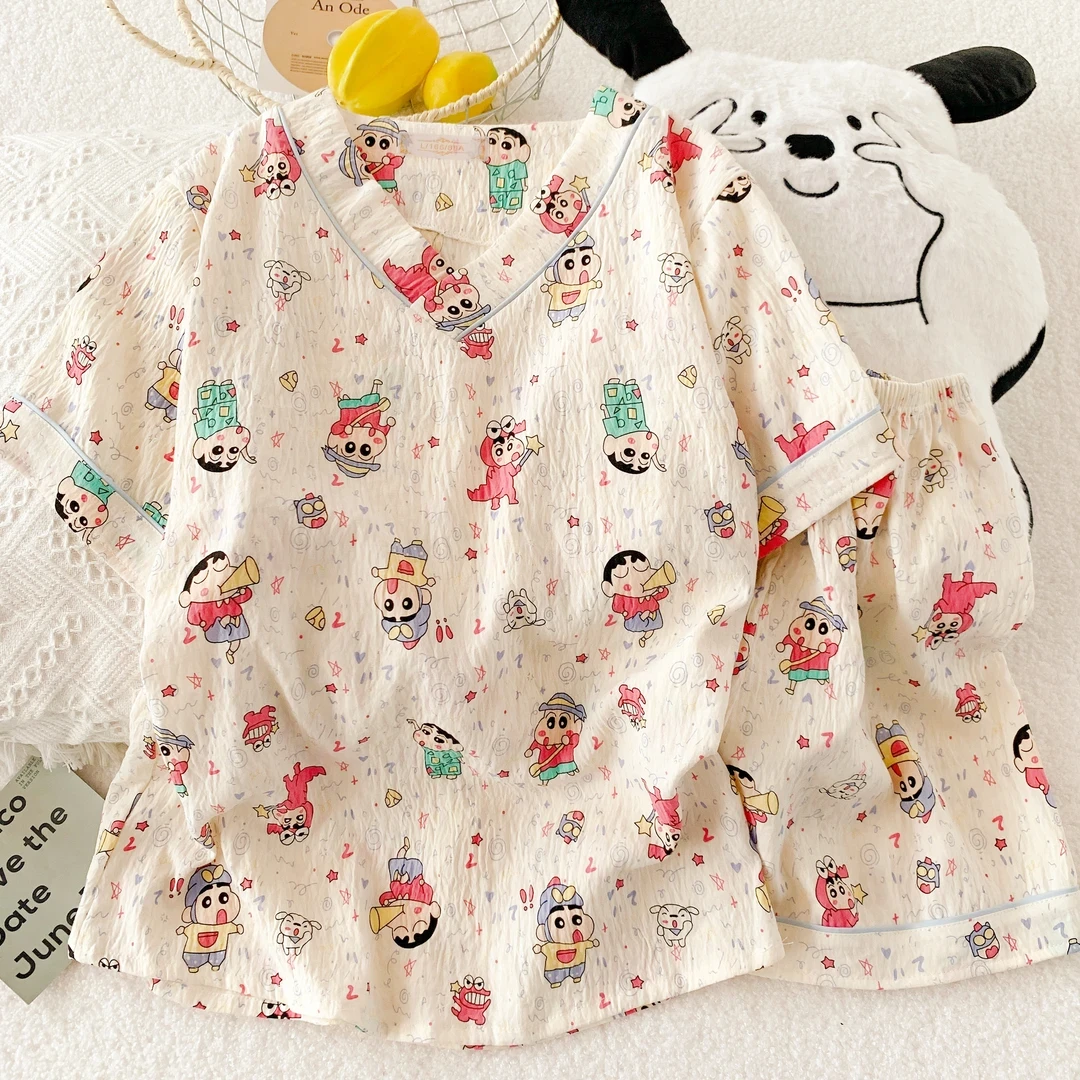 带胸垫云朵棉睡衣女夏季短袖短裤套装卡通可爱夏天蜡笔小新家居服