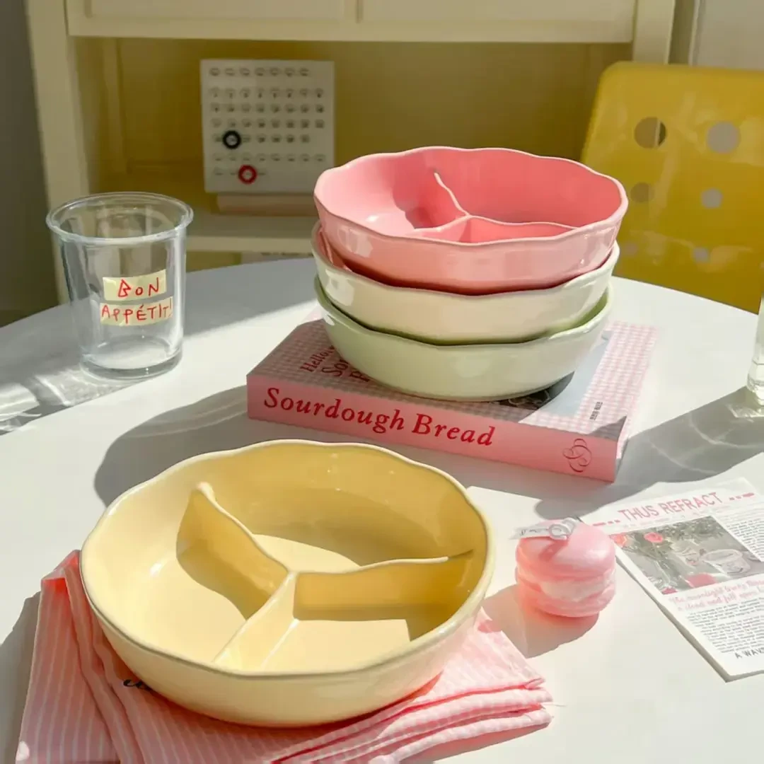 2025新款奶油风加深分格盘碗大人减脂定量个人专用三格盘分隔餐盘