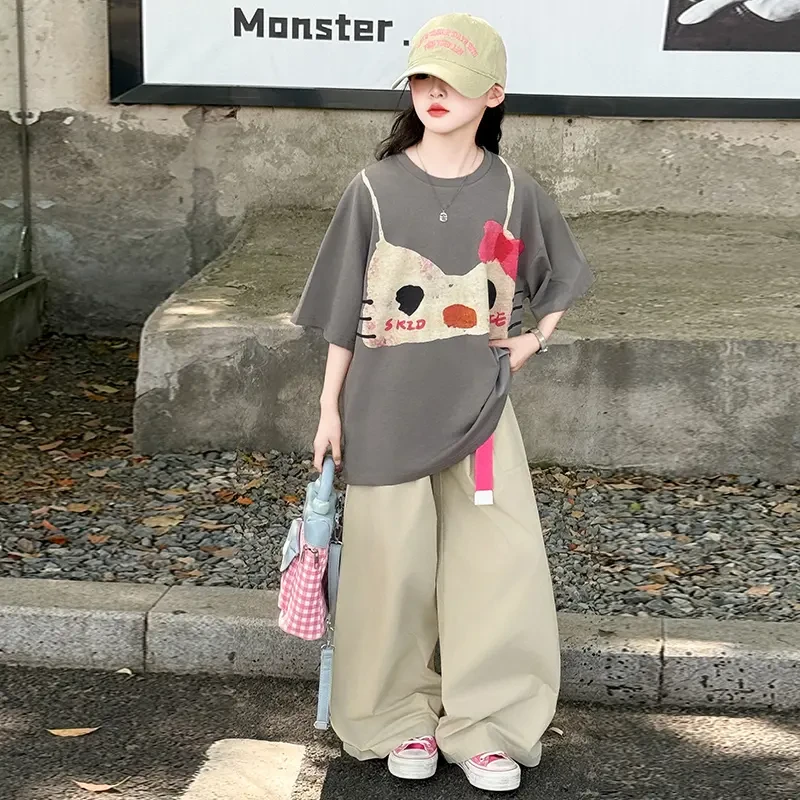 女童趣味卡通印花宽松短袖阔腿裤套装时尚洋气2025新款夏季中大童
