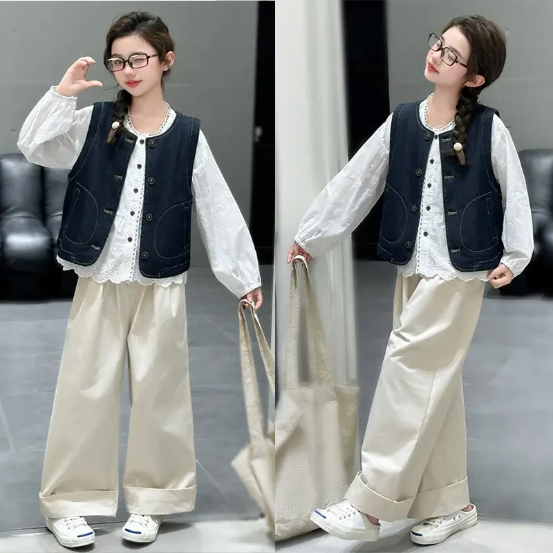 女童春秋款衬衫马长裤套装6-12岁中大童学生赫本甜美少女风套装