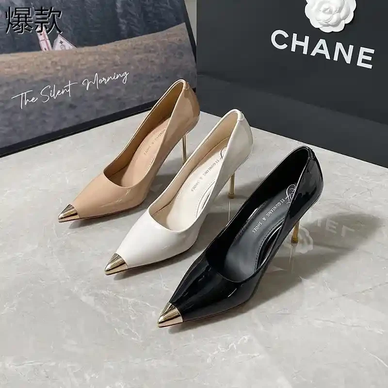 黑色高跟鞋女细跟2025夏季新款尖头漆皮浅口单鞋百搭职业工作鞋女