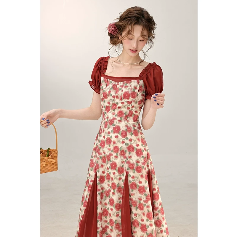 三寸藕【恋爱心事】2025夏款法式复古红色连衣裙绝美碎花裙L250268