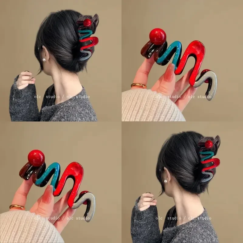 亮色绛红~韩范高级感滴釉波浪珠珠抓夹女新款后脑勺盘发鲨鱼夹秋