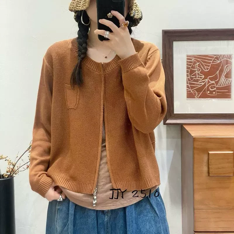 秋季新款文艺纯色拉链棉线针织开衫女宽松显瘦百搭韩版毛衣外套CS