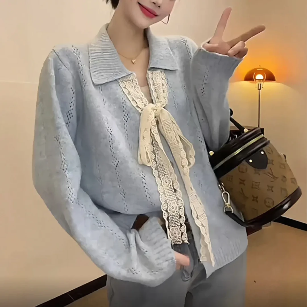【媛媛】蝴蝶结蕾丝针织衫开衫