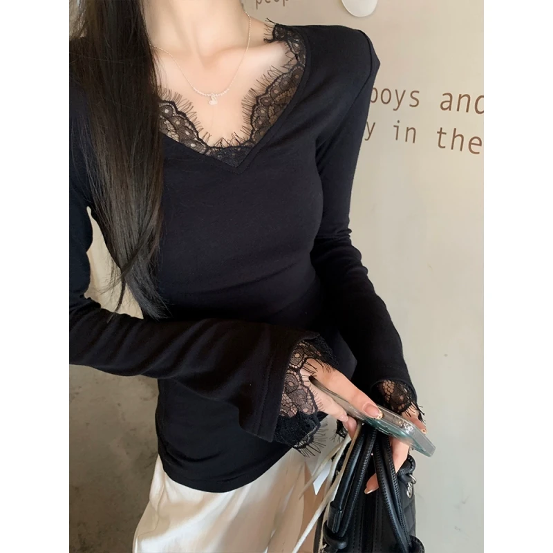 【年货捡漏】乌77拼接睫毛蕾丝V领打底衫女小个子修身显瘦长袖上衣