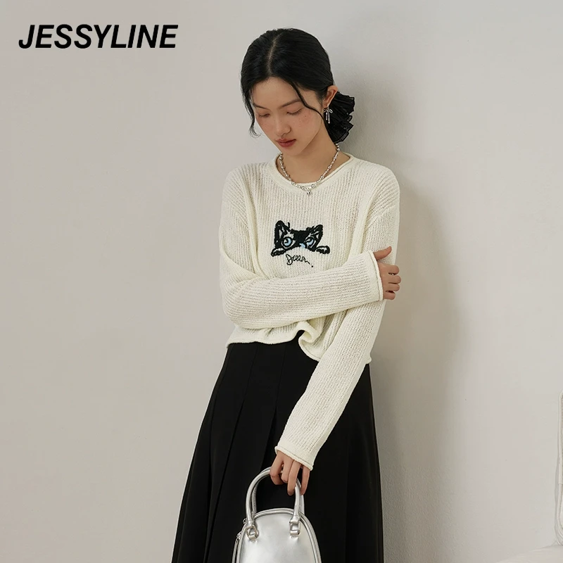 jessyline2025早春新款 杰茜莱白色刺绣套头针织衫 432204134