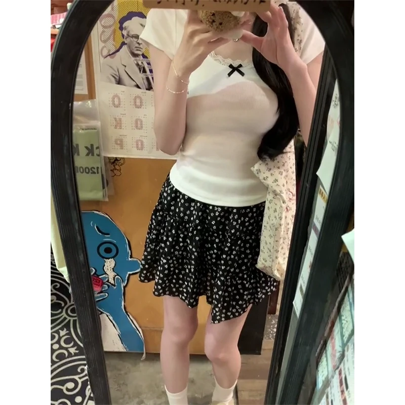 纯欲蕾丝花边u领露锁骨短袖T恤女2025春夏芭蕾bm风蝴蝶结修身上衣