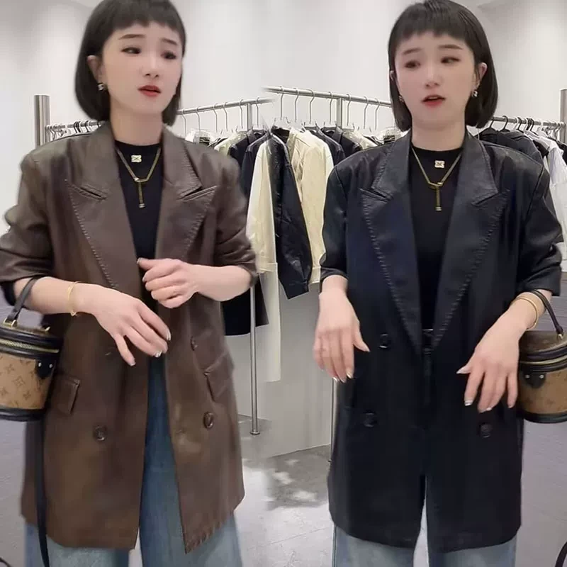 2025春秋新款黑色PU西装皮衣外套高级双排扣pu复古宽松西服皮夹克