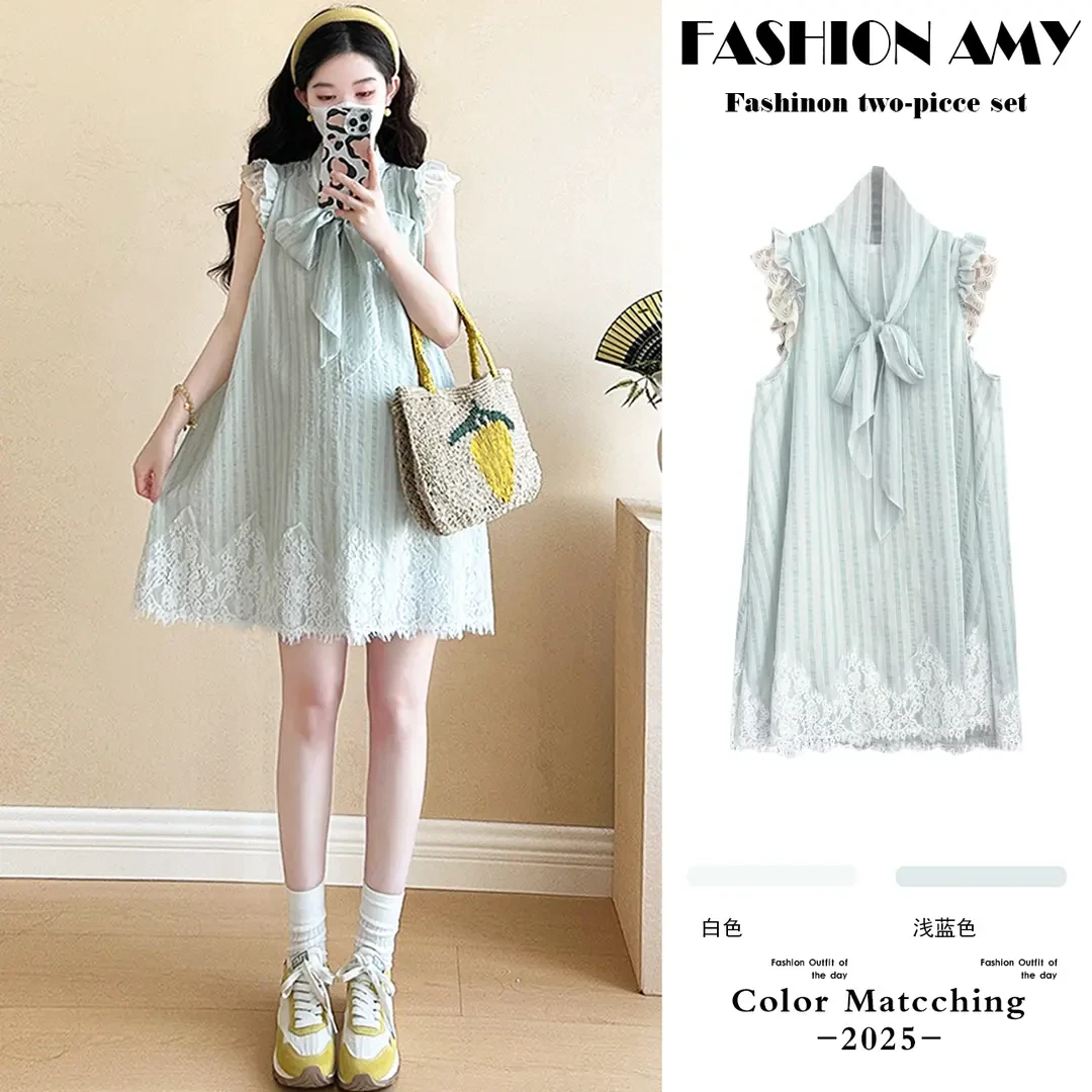 孕妇连衣裙夏季2025新款时尚洋气小个子蕾丝蝴蝶结系带显瘦条纹裙