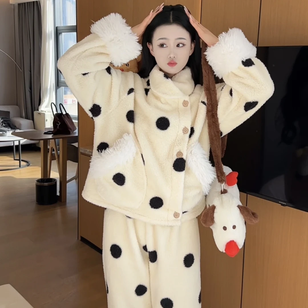 【精致波点】少女珊瑚绒睡衣女款冬季2025加厚保暖休闲家居服套装